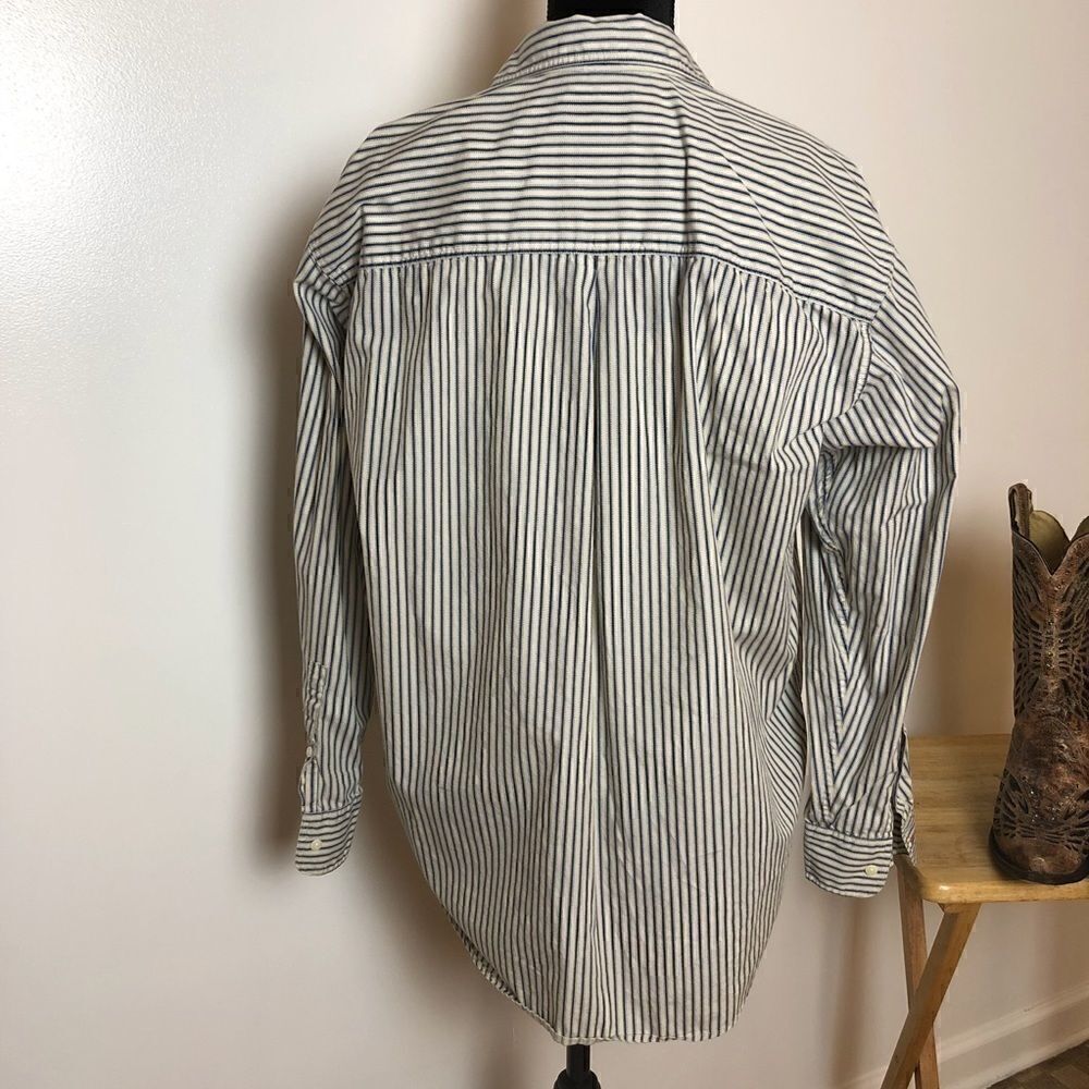 Dockers Blouse Button Down Blue Tan Striped Button Cuffs Collared Medium - Picture 4 of 5